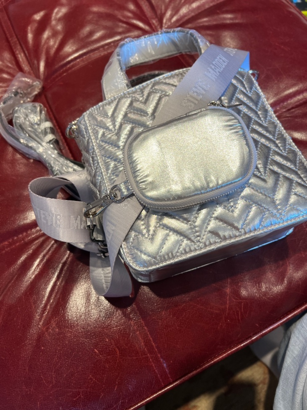 Steve Madden Metallic Silver Quilted Mini Tote with Logo Strap - Picture 3 of 7